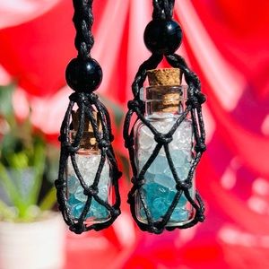 Natural Raw Clear Quartz, Aquamarine and Neon Blue Apatite, Raw Crystal Bottle